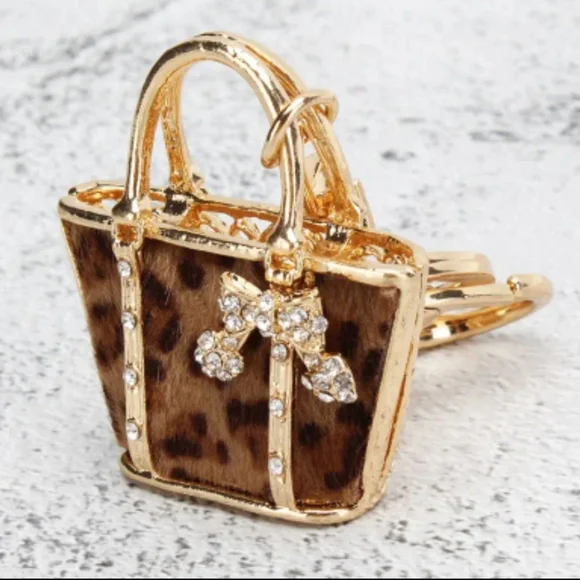 🆕️ Golden Leopard Pattern HandBag Rhinestone Keychain Purse Charm ~ Gift Glam